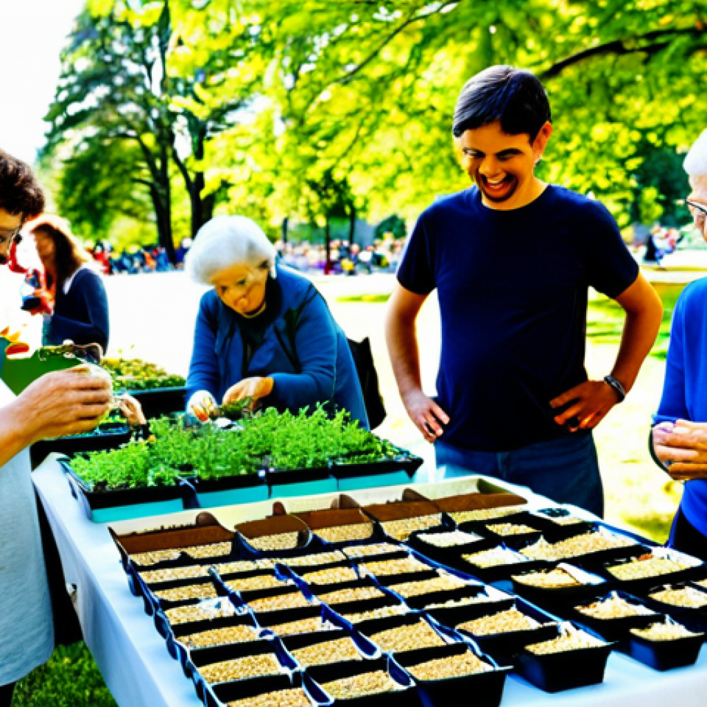 퍼머컬처 진행을 위한 커뮤니티 자원 - **Prompt:** A vibrant community seed swap event in a sunny park. People of diverse ages are exchangi...