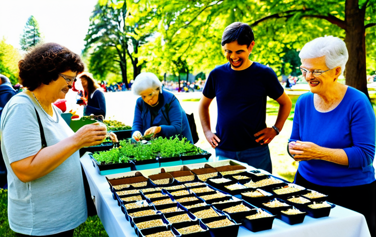 퍼머컬처 진행을 위한 커뮤니티 자원 - **Prompt:** A vibrant community seed swap event in a sunny park. People of diverse ages are exchangi...