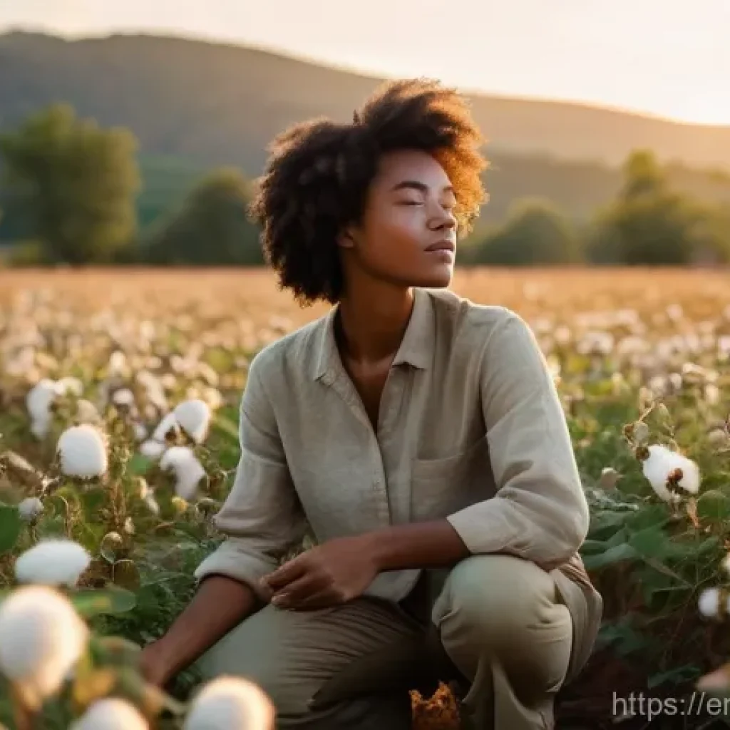 퍼머컬처의 지속 가능한 패션 - **Prompt:** A young woman, dressed in a comfortable, earth-toned linen shirt and trousers, is kneeli...