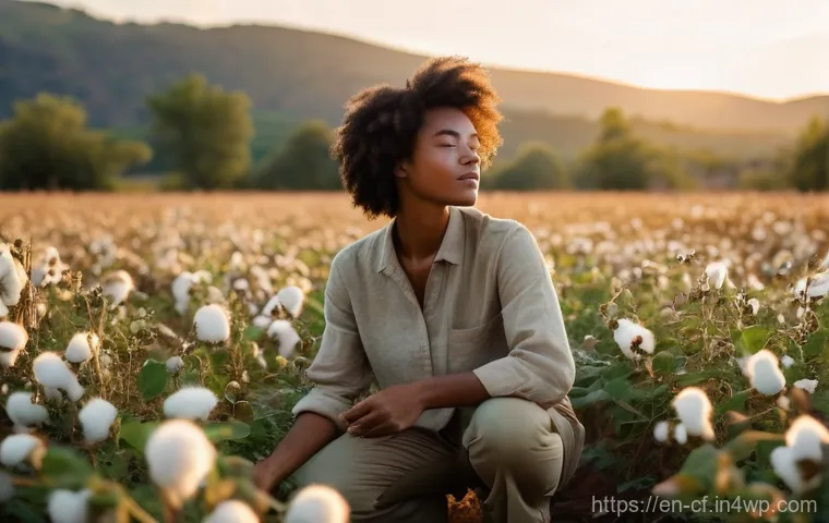 퍼머컬처의 지속 가능한 패션 - **Prompt:** A young woman, dressed in a comfortable, earth-toned linen shirt and trousers, is kneeli...
