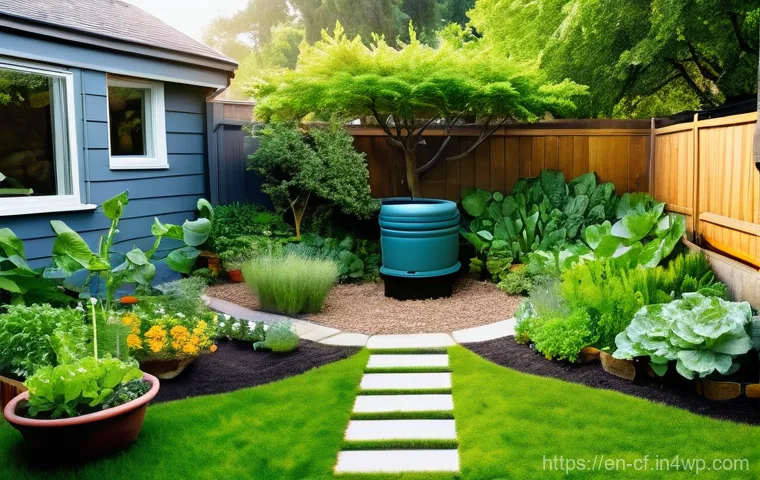 퍼머컬처 생태 디자인 전략 - **"A vibrant, thriving backyard permaculture garden, seen during a sunny afternoon. The scene showca...