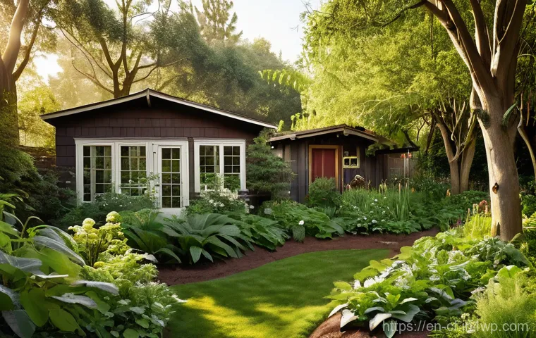 퍼머컬처 생태 디자인 전략 - **"A vibrant, thriving backyard permaculture garden, seen during a sunny afternoon. The scene showca...