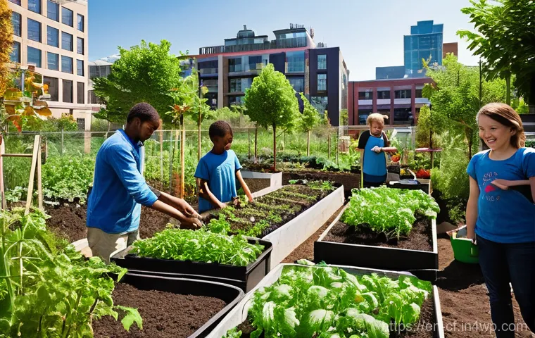 퍼머컬처와 사회적 기업의 역할 - Vibrant Urban Permaculture Hub**
* **Prompt:** A bustling, diverse urban permaculture farm in a c...