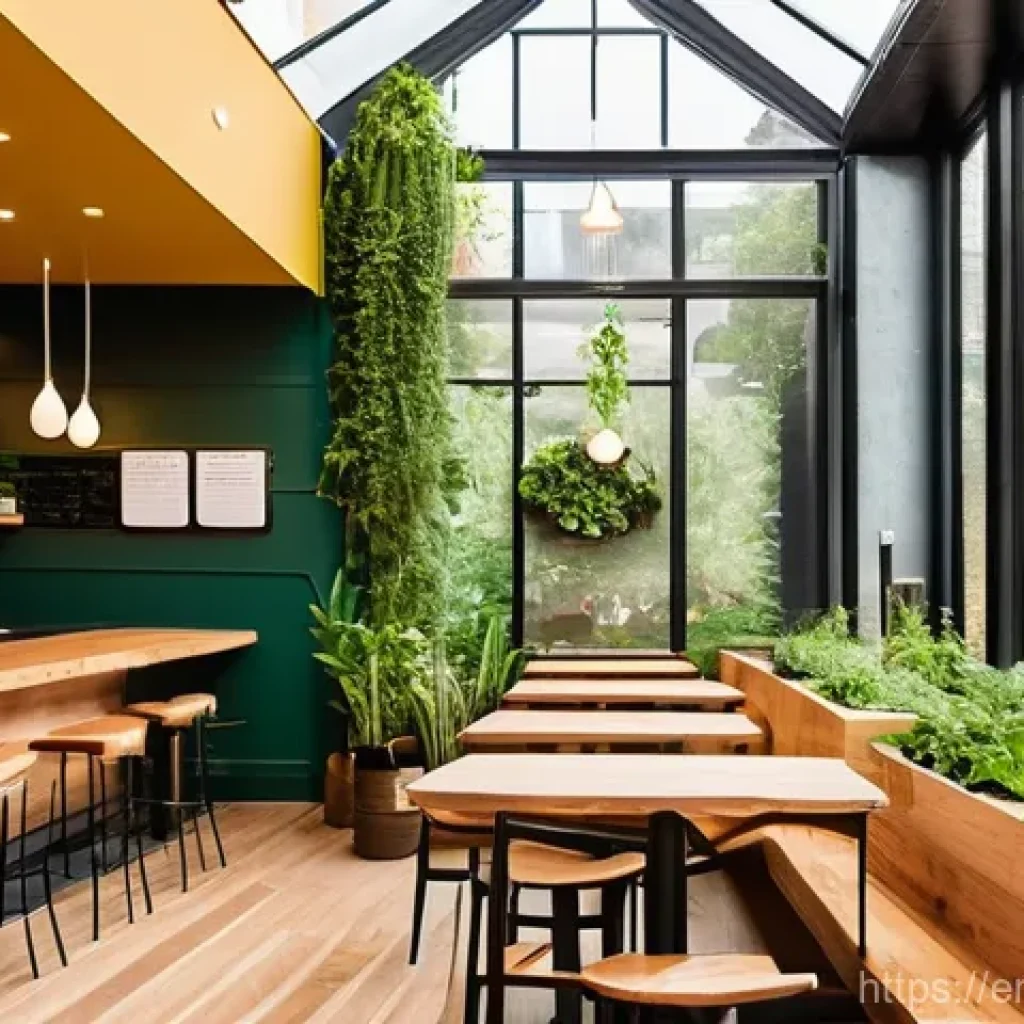 퍼머컬처 카페 운영 노하우 - **A Vibrant Biophilic Cafe Interior:**
A beautifully designed permaculture cafe interior, bathed...