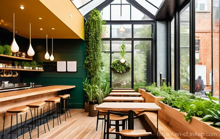 퍼머컬처 카페 운영 노하우 - **A Vibrant Biophilic Cafe Interior:**
A beautifully designed permaculture cafe interior, bathed...