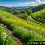 퍼머컬처 커뮤니티의 성공 사례 - A vibrant permaculture landscape showing regenerative land restoration: rolling hills with contour s...