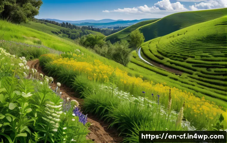 퍼머컬처 커뮤니티의 성공 사례 - A vibrant permaculture landscape showing regenerative land restoration: rolling hills with contour s...