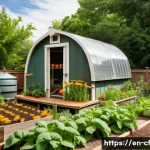 퍼머컬처의 경제적 이점 - A lush permaculture garden showcasing diverse plant species including beans, squash, sweet potatoes,...