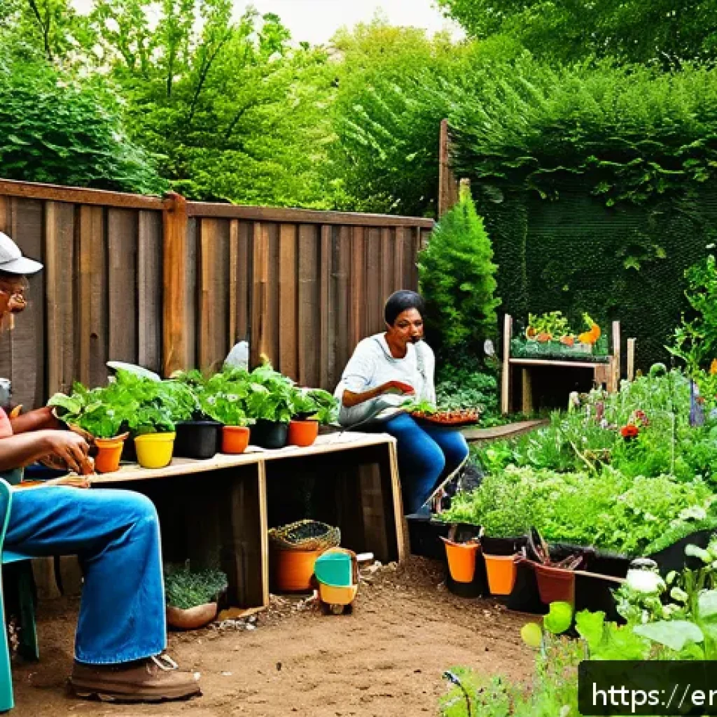 퍼머컬처와 사회 서비스의 통합 - A vibrant community garden scene in an urban neighborhood, featuring diverse people of all ages and ...