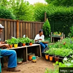 퍼머컬처와 사회 서비스의 통합 - A vibrant community garden scene in an urban neighborhood, featuring diverse people of all ages and ...