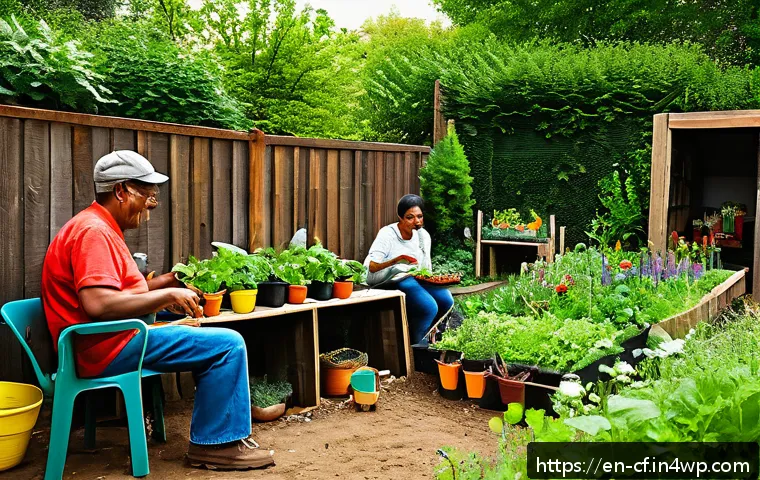 퍼머컬처와 사회 서비스의 통합 - A vibrant community garden scene in an urban neighborhood, featuring diverse people of all ages and ...