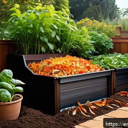 퍼머컬처에서의 자원 재활용 방법 - A vibrant backyard composting setup showing layered kitchen scraps like colorful vegetable peels, co...