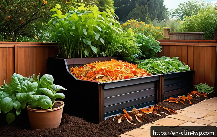 퍼머컬처에서의 자원 재활용 방법 - A vibrant backyard composting setup showing layered kitchen scraps like colorful vegetable peels, co...