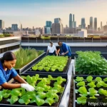 퍼머컬처를 위한 협업 모델 - A vibrant community rooftop garden in an urban setting, featuring diverse people from different ethn...