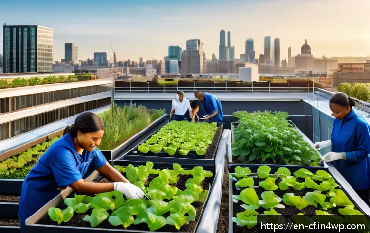 퍼머컬처를 위한 협업 모델 - A vibrant community rooftop garden in an urban setting, featuring diverse people from different ethn...