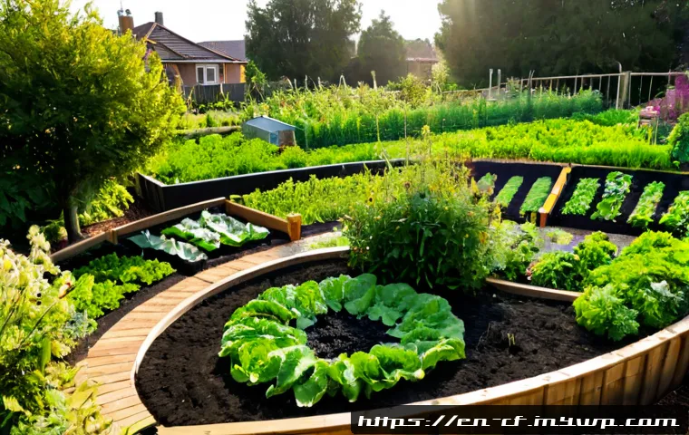 Home 17 퍼머컬처와 생태적 지속 가능성 - Photorealistic wide view of a thriving suburban permaculture garden, curved vegetable beds, fruit tr...
