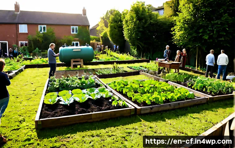 퍼머컬처 커뮤니티 구축 방법 - Photorealistic wide-angle scene of a diverse neighborhood permaculture community gathering in a thri...